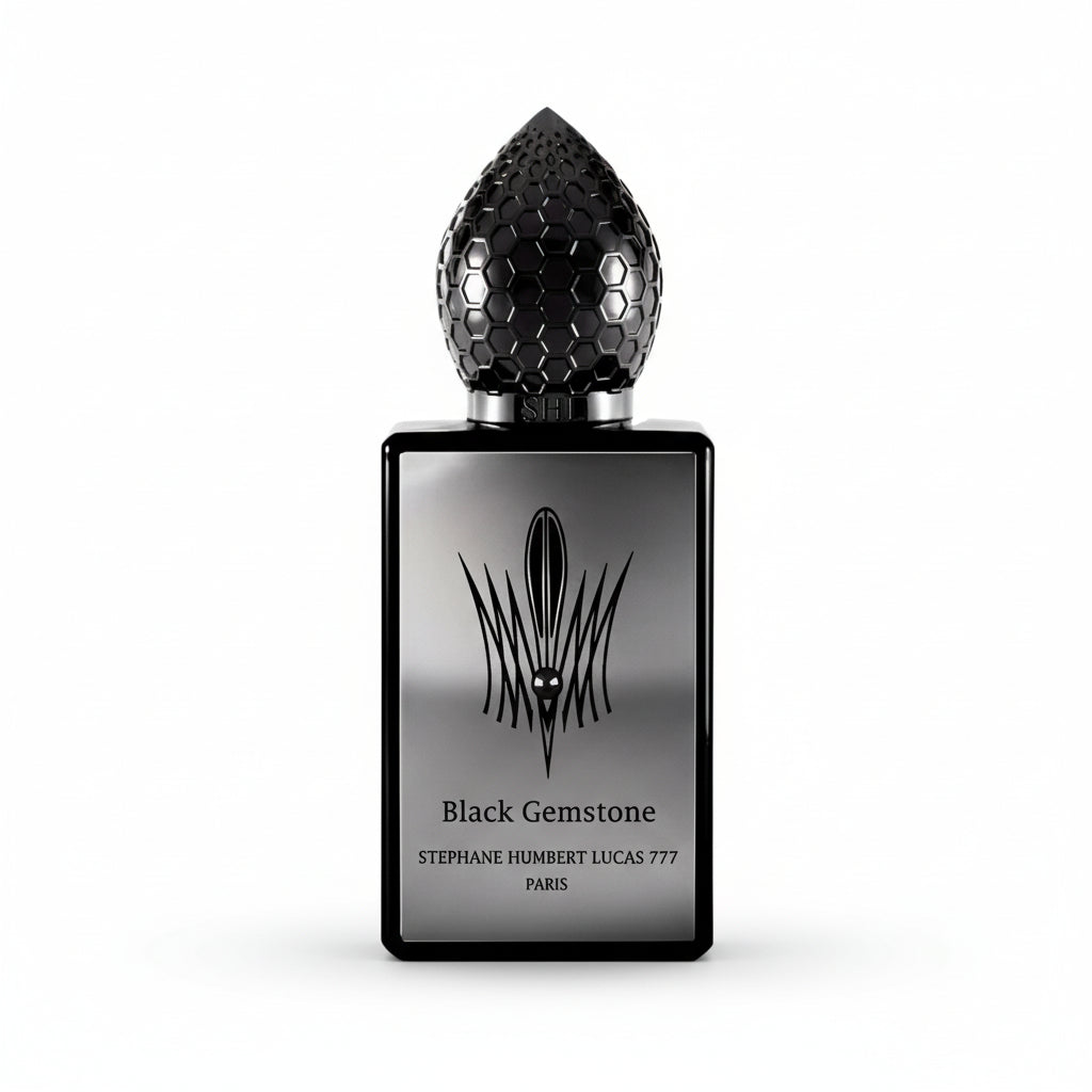 Stephane Humbert Lucas Black Gemstone Eau De Parfum spray bottle, 1.7 oz (50ml), with elegant black and metallic packaging.