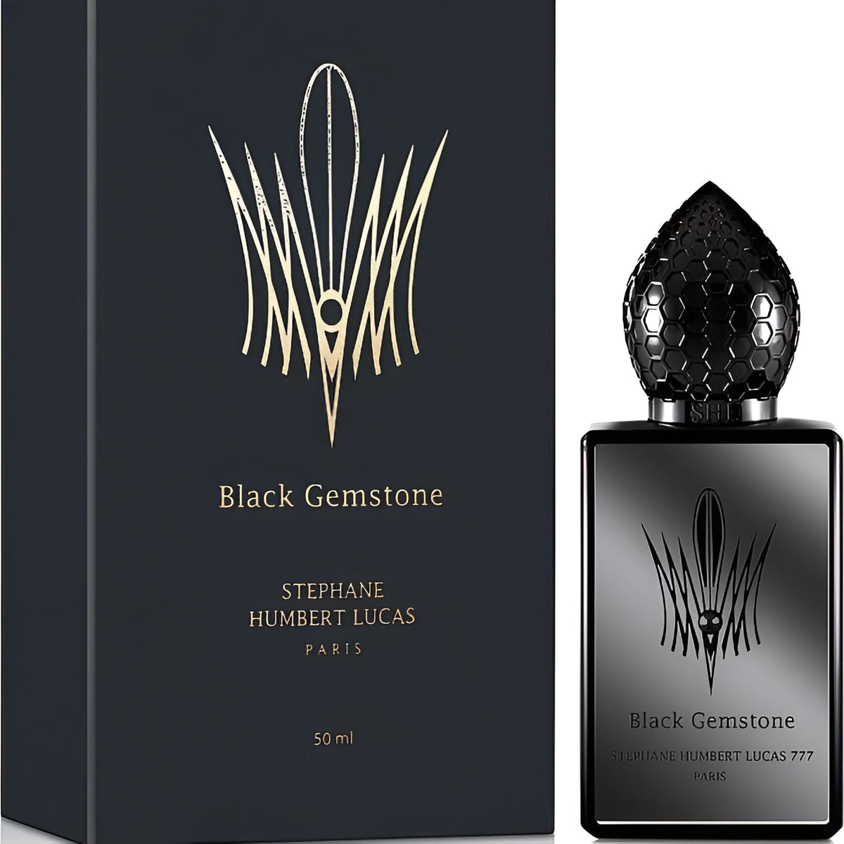 Stephane Humbert Lucas Black Gemstone Eau De Parfum spray bottle, 1.7 oz (50ml), with elegant black and gold design.