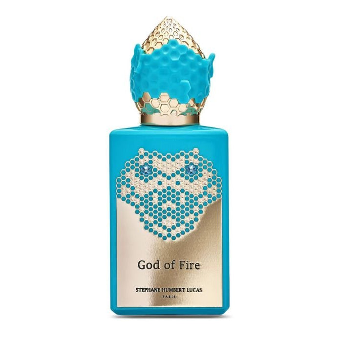 Stephane Humbert Lucas God of Fire Eau De Parfum spray bottle, 1.7 oz (50ml), with ornate packaging and fiery design.
