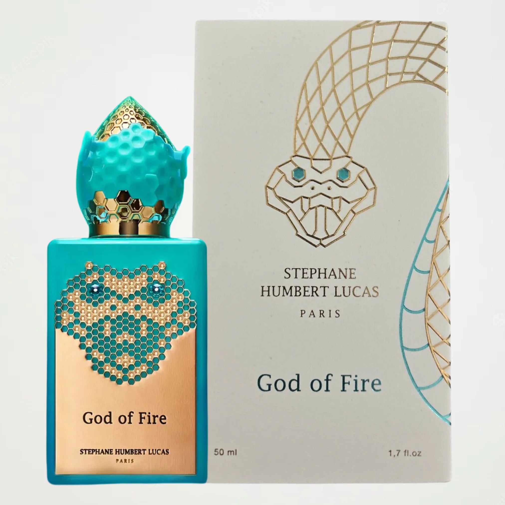 Stephane Humbert Lucas God of Fire Eau De Parfum spray bottle, 1.7 oz, elegant design with a fiery theme.