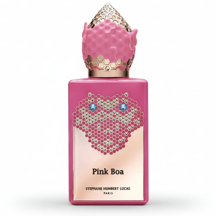 Stephane Humbert Lucas Pink Boa Eau de Parfum spray bottle, 1.7 oz (50ml), with elegant pink packaging and floral accents.