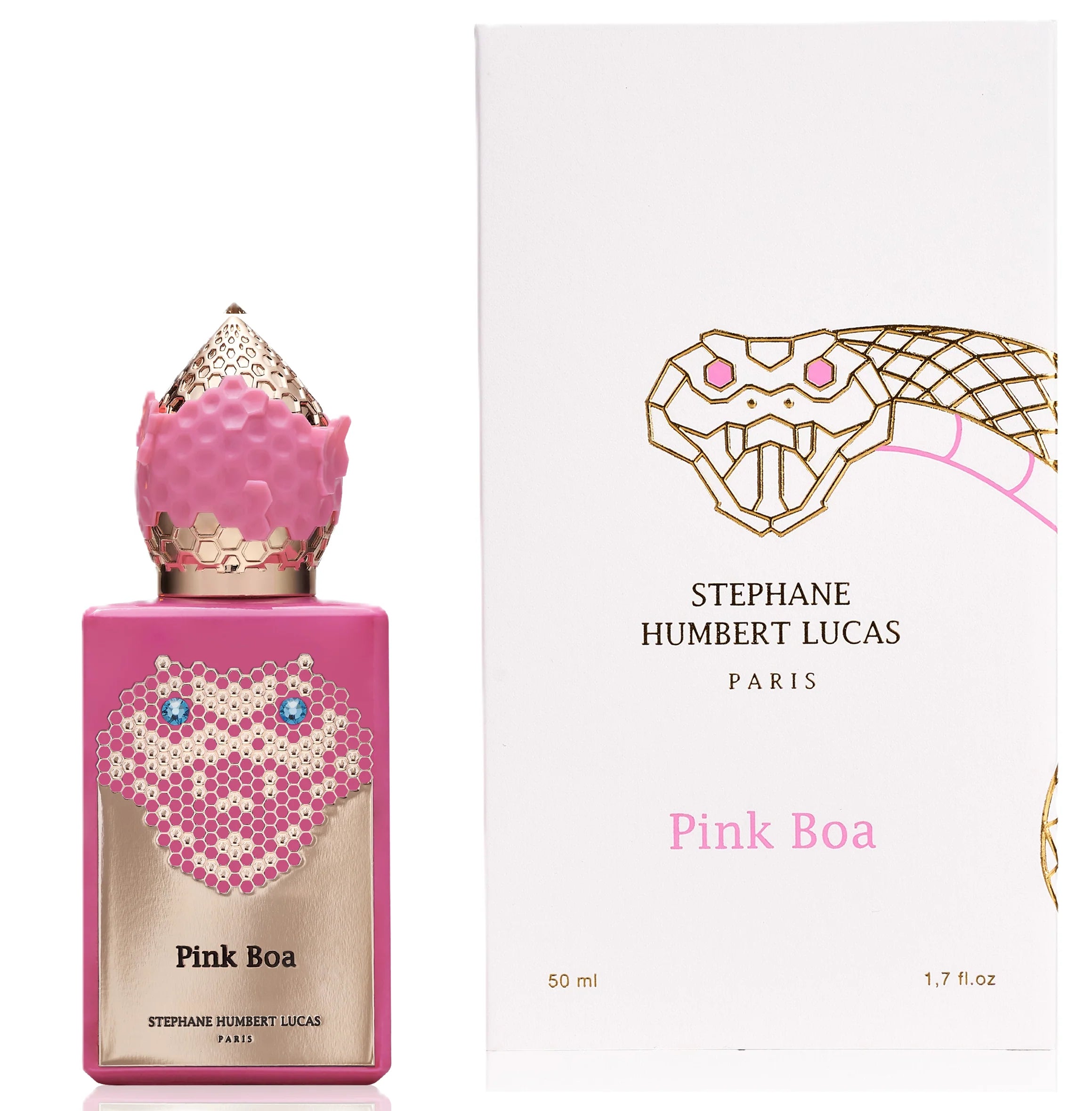 Stephane Humbert Lucas Pink Boa Eau De Parfum spray bottle with pink and gold accents, 1.7 oz (50 ml).