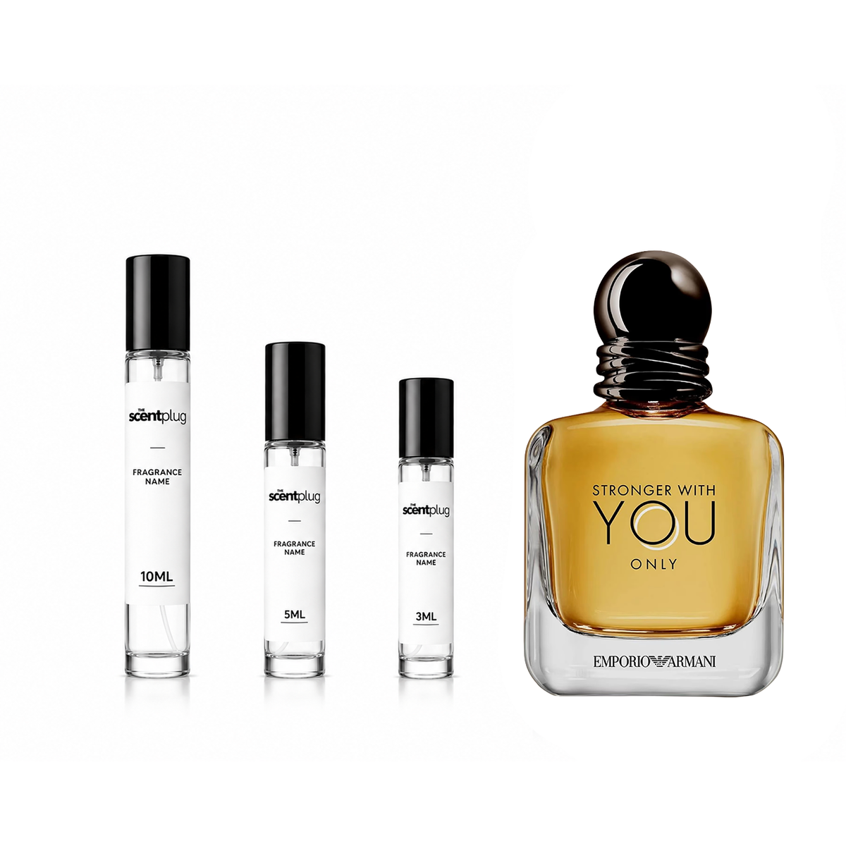 Giorgio Armani Stronger With You Only Eau de Toilette sample decant bottle with brand label and cap on a white background.