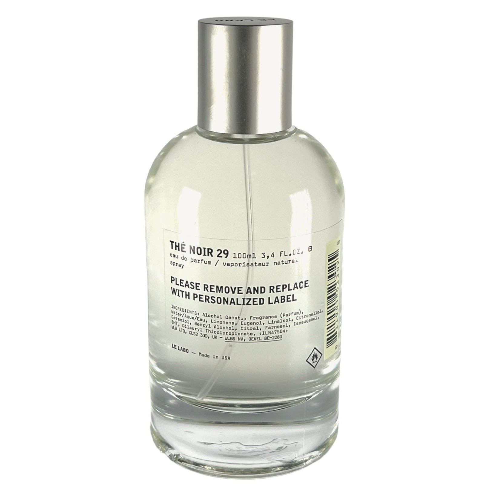 Le Labo The Noir 29 Eau De Parfum tester with clear label, showcasing the sleek bottle and minimalist design.