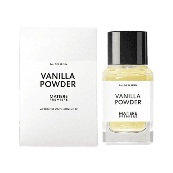 Matière Première Vanilla Powder Eau de Parfum bottle with vanilla powder scent, elegant packaging, and brand label visible.