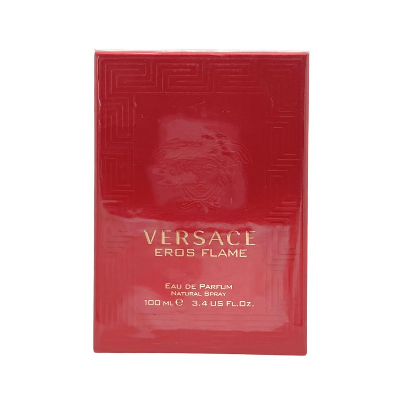 Versace Eros Flame Eau de Parfum spray in 3.4 oz bottle, featuring a sleek design and the iconic Versace branding.