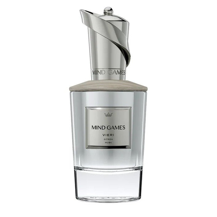 Mind Games Vieri extrait de parfum bottle with elegant black and gold design, showcasing luxury fragrance branding.