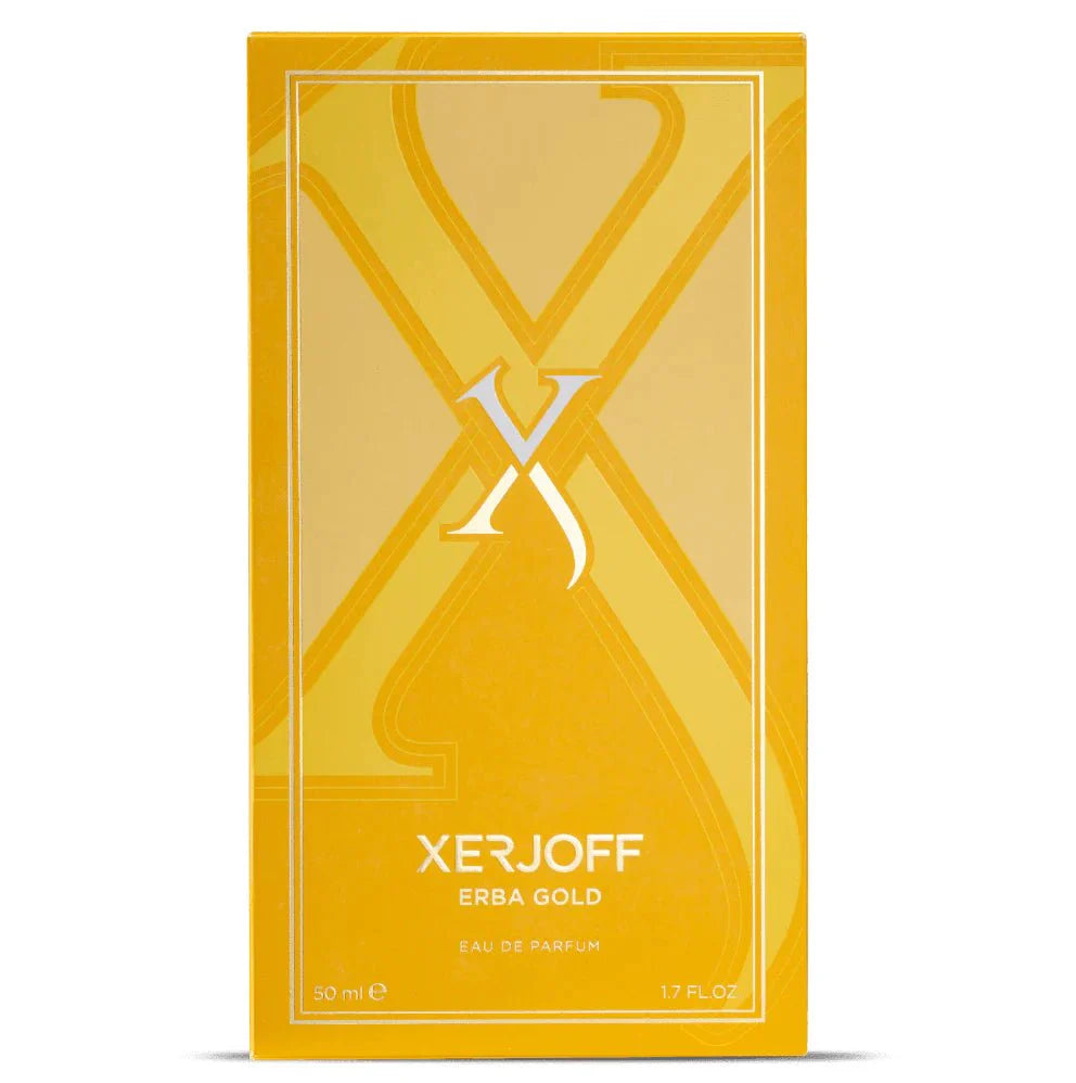 Xerjoff Erba Gold Eau de Parfum spray in 1.7 oz (50ml) bottle, featuring elegant design and luxurious fragrance details.