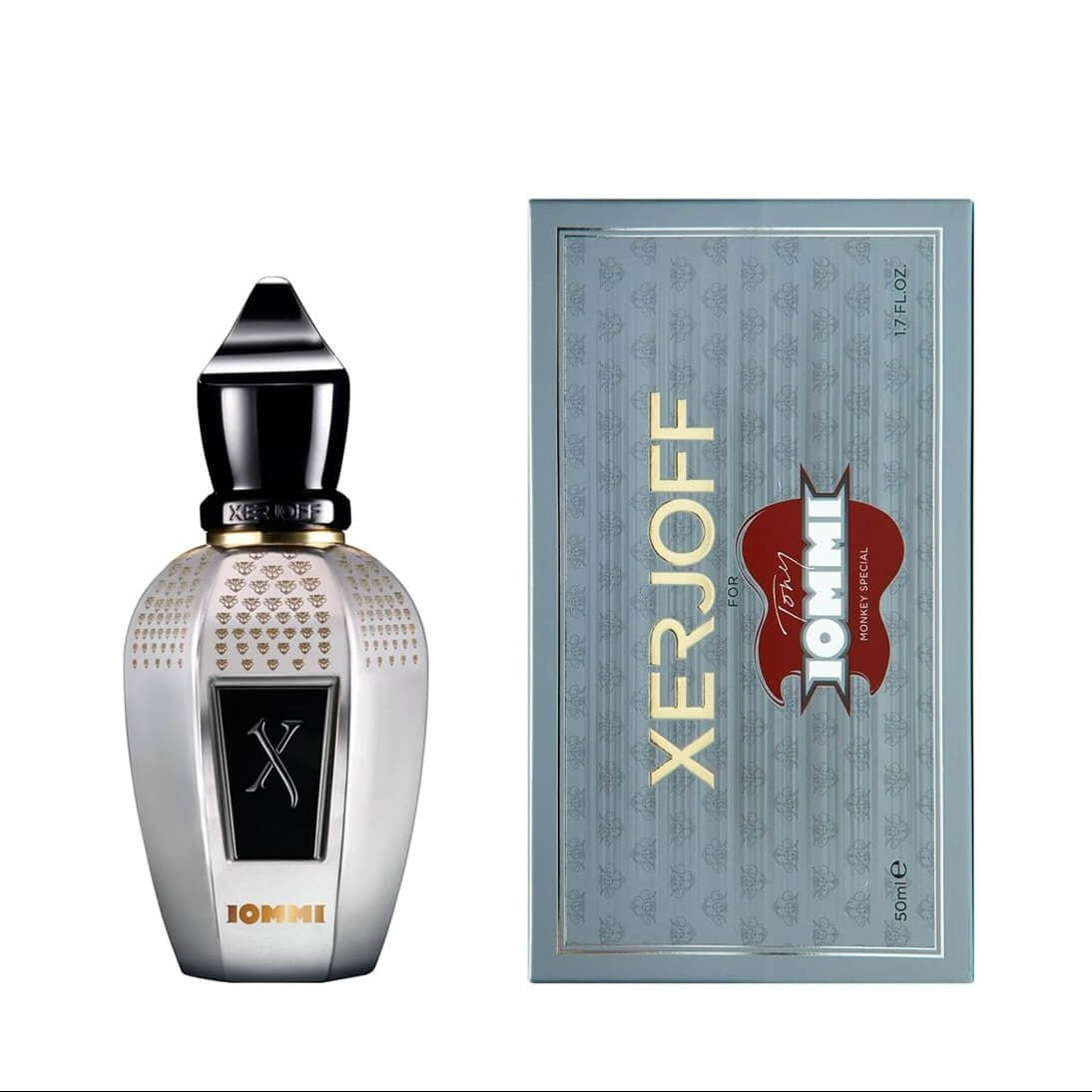 Xerjoff Tony Iommi Monkey Special Eau de Parfum bottle with spray nozzle, 1.7 oz (50ml), luxurious fragrance presentation.