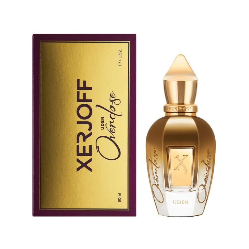 Xerjoff Uden Overdose Eau de Parfum spray in 1.7 oz bottle, elegant glass container with floral and woody fragrance details