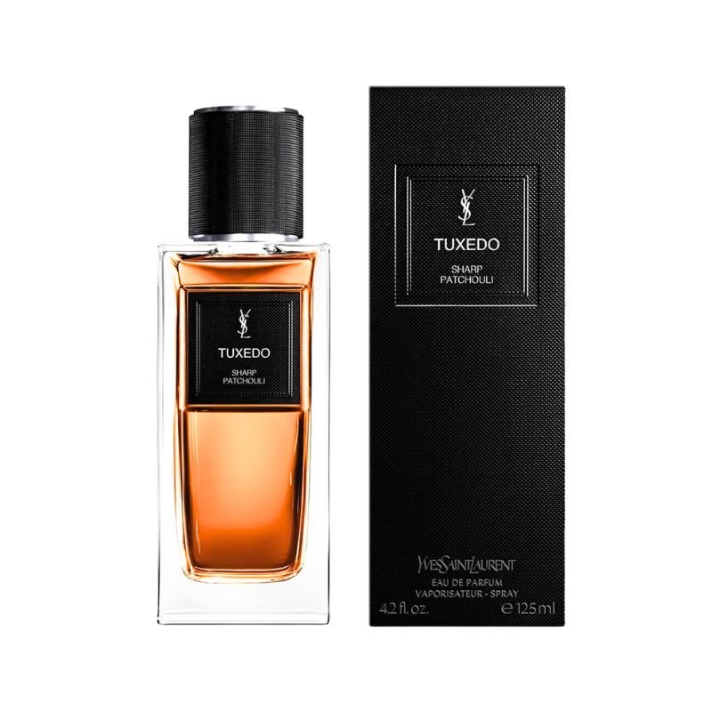 Yves Saint Laurent Tuxedo Eau De Parfum spray in 4.2 oz bottle, elegant black and gold packaging, luxurious fragrance for men