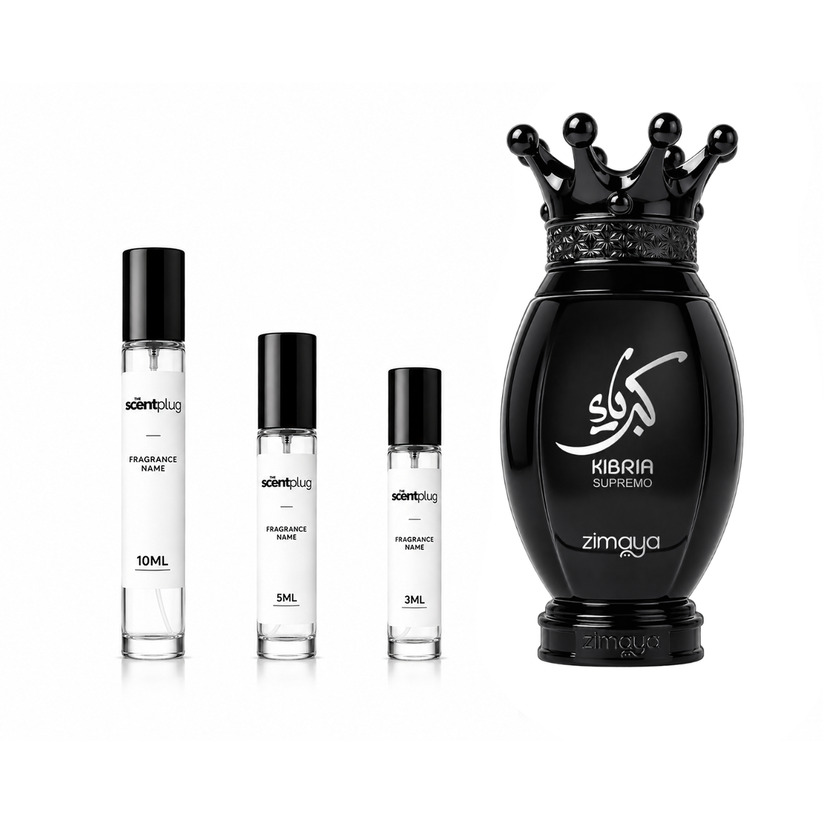 Kibria Supremo Zimaya perfume decant sample from The Scent Plug, showcasing a small glass vial with fragrance label.